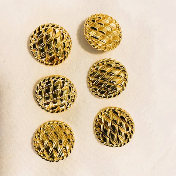 CHANEL Vintage Gold Buttons (Set of 6) – Quilted + Rope Trim – Stamped, - Picture 1 of 6